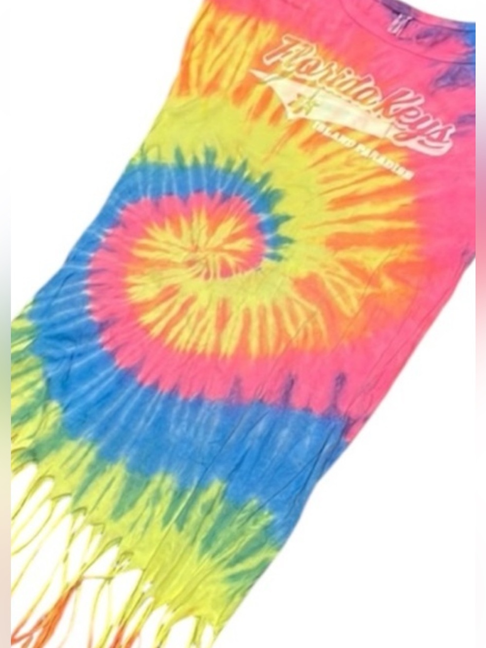 Florida Keys Vintage Sleeveless Fringe Tie-Dye Beach Dress LG